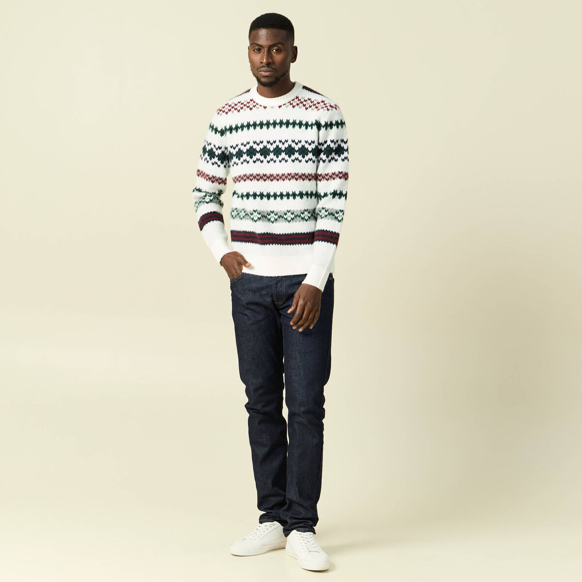 Pull manches longues col rond ecru homme