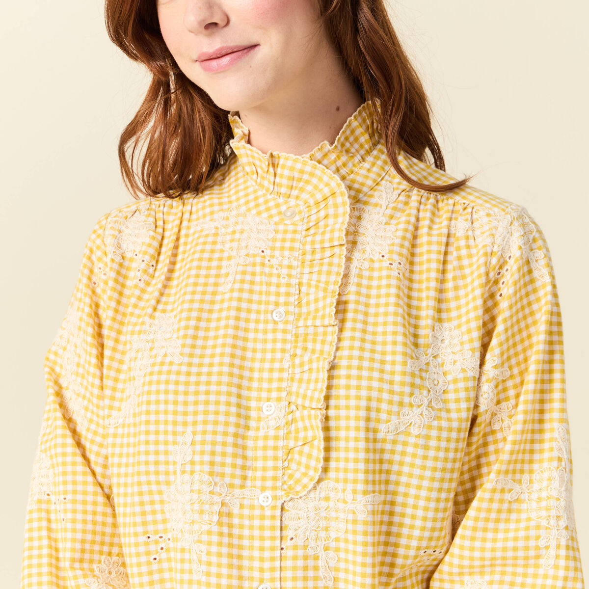 Chemise vichy manches longues en coton jaune femme