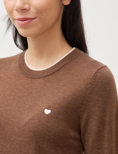 Pull fin col rond manches longues marron femme