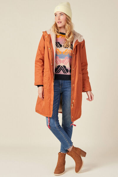 Parka droite à capuche doublée orange foncé femme
