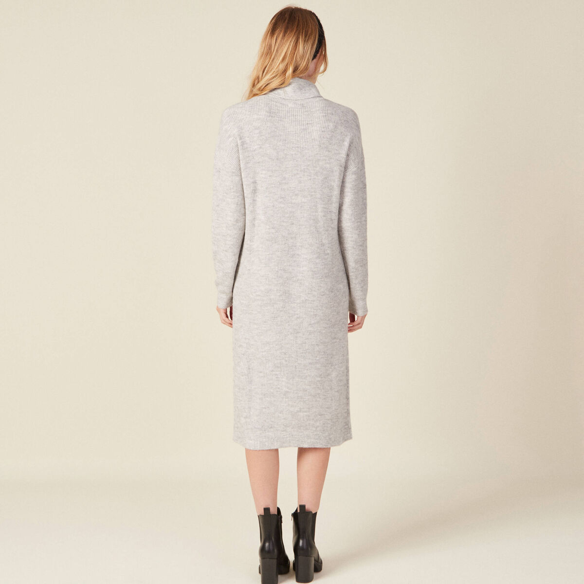 Robe pull longue col roulé gris femme