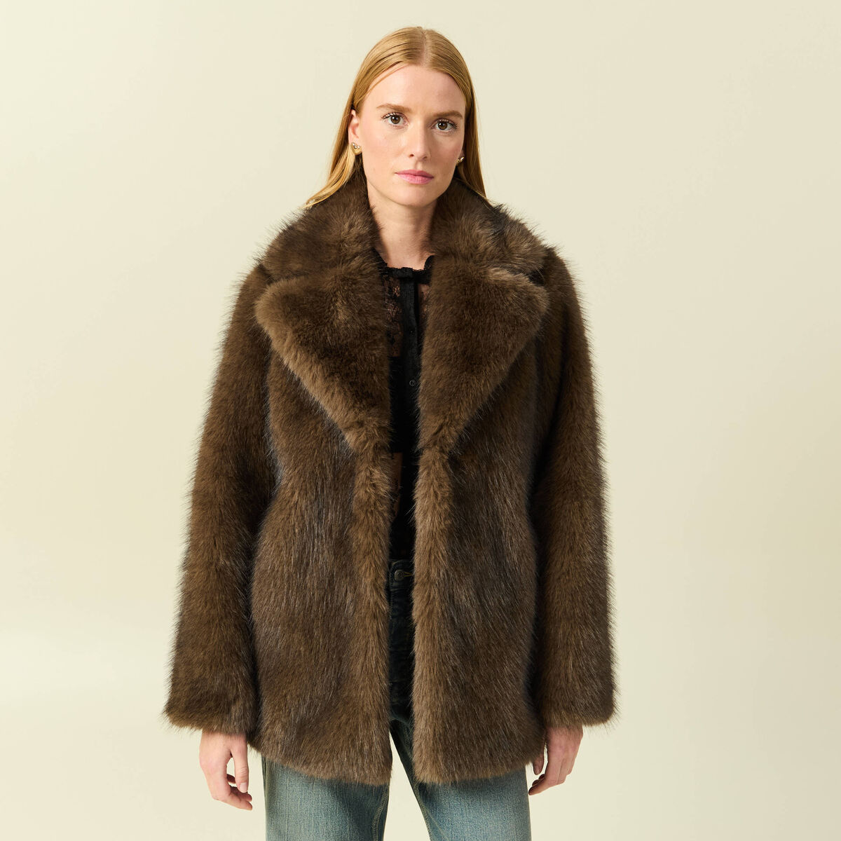 Manteau manches longues doubl&eacute; marron femme