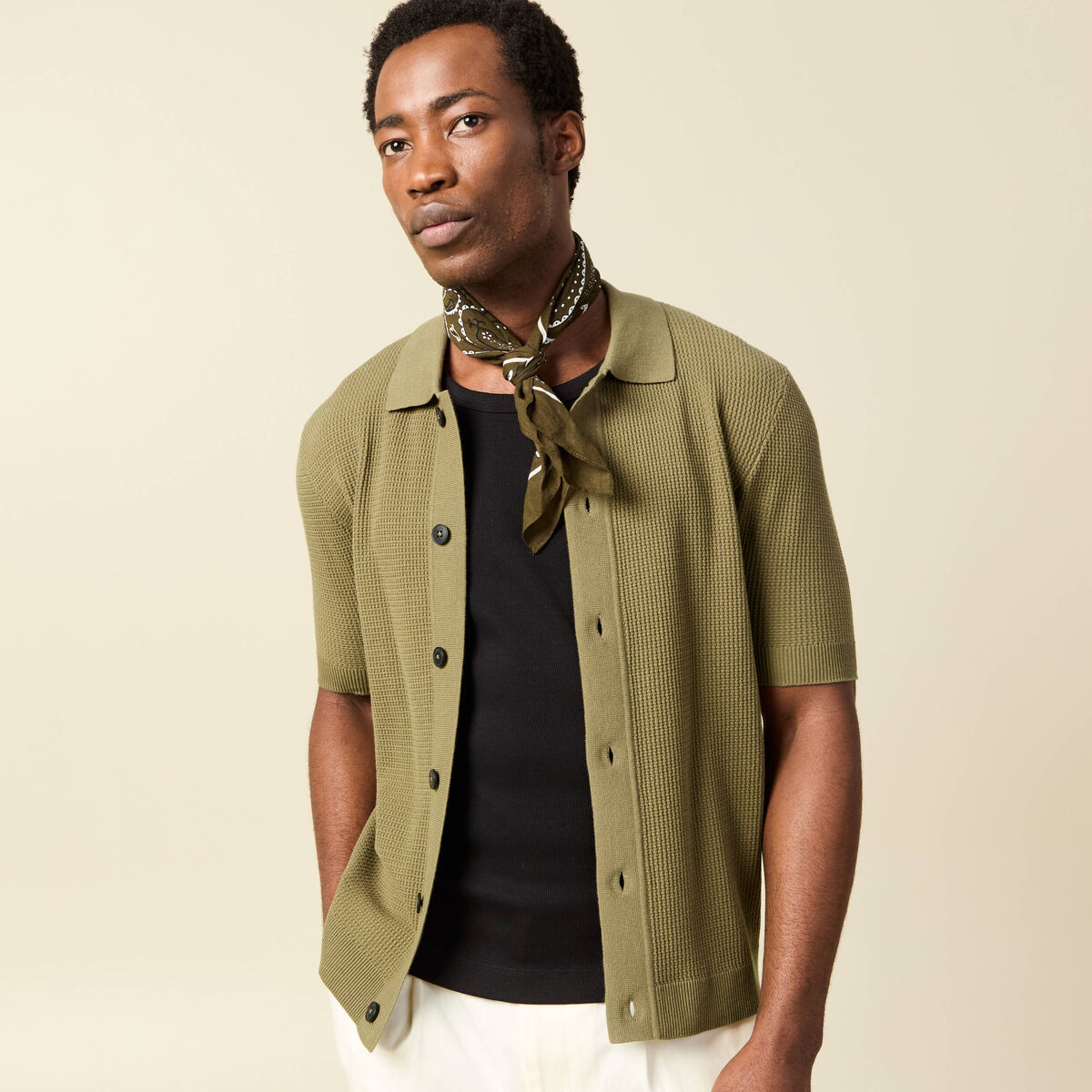 Chemise manches courtes col polo vert kaki homme