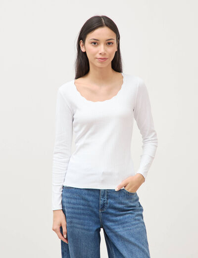 T-shirt ajust&eacute; col rond manches longues blanc femme