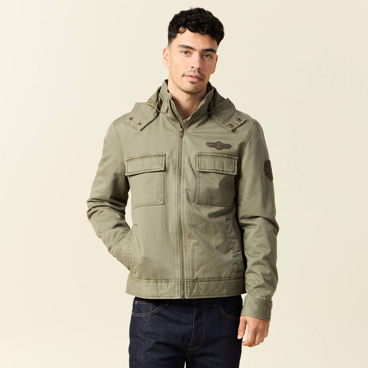 Blouson col montant &agrave; capuche vert kaki homme