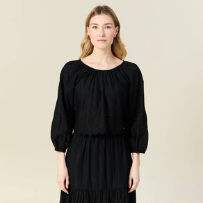 Blouse manches 3/4 brodée noir femme