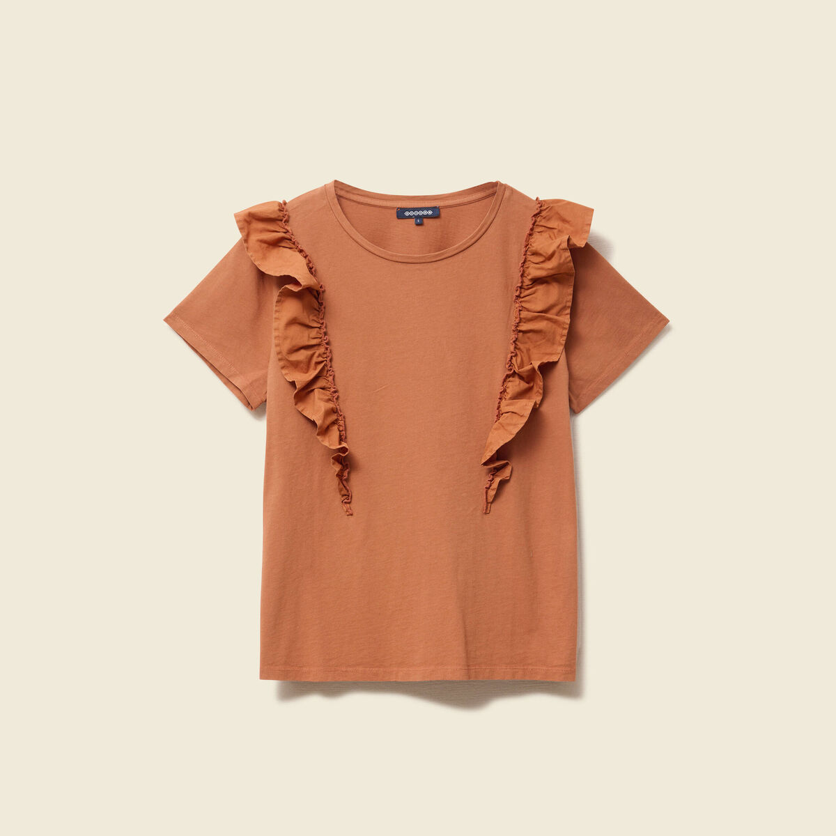 T-shirt en coton manches courtes marron cognac femme
