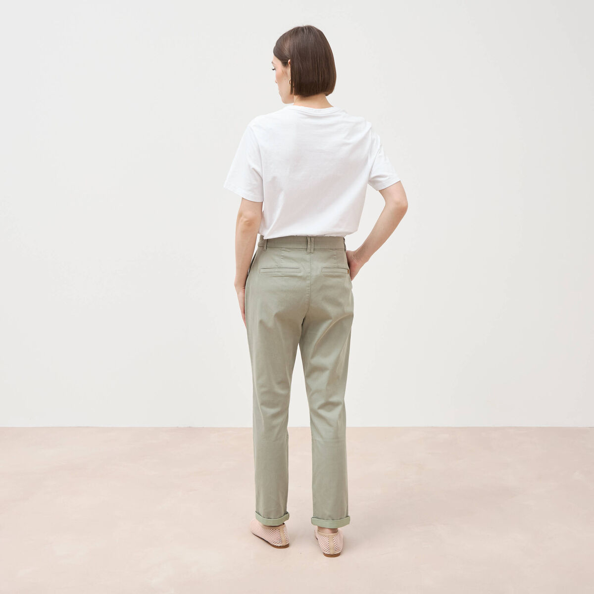 Chino cigarette 7/8&egrave;me taille haute vert kaki femme