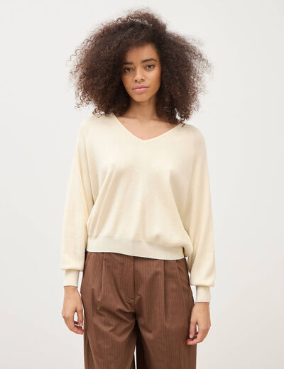 Pull droit col v manches longues creme femme