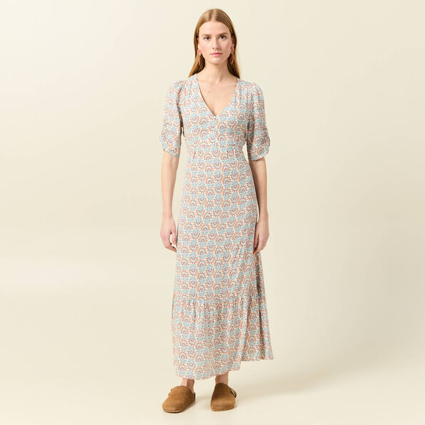Robe longue évasée col en V blanc femme