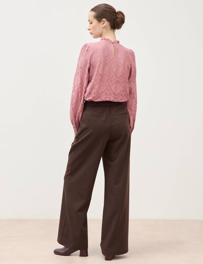 Pantalon large taille haute fluide marron fonc&eacute; femme