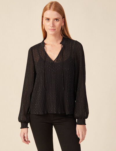 Blouse manches longues pliss&eacute;e noir femme