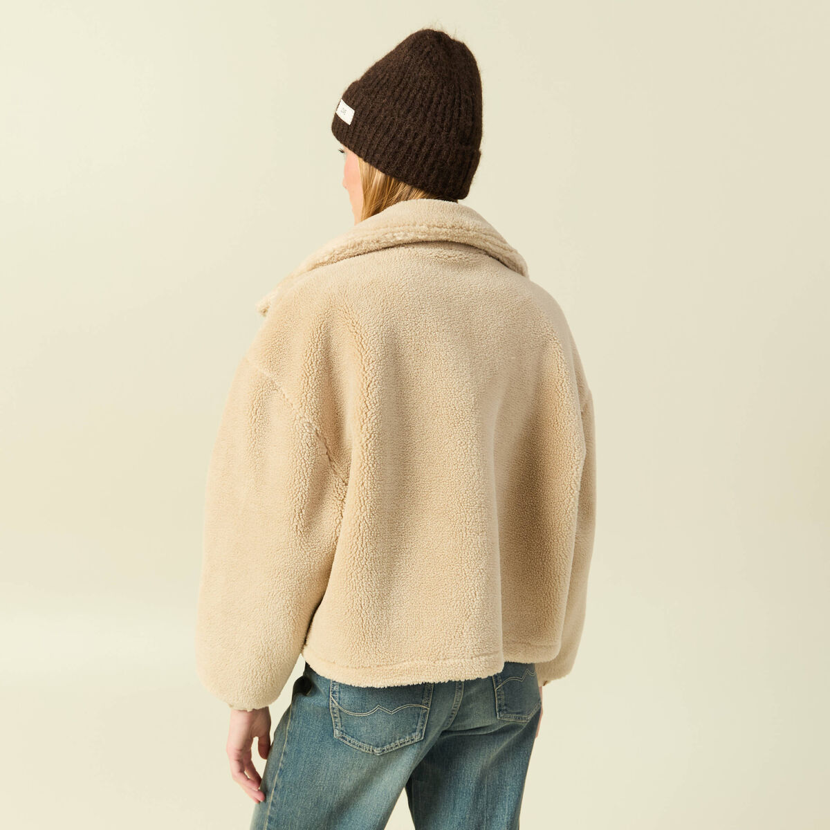 Veste oversize effet polaire col montant creme femme