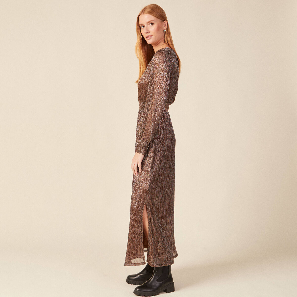 Robe longue évasée col en V marron cognac femme