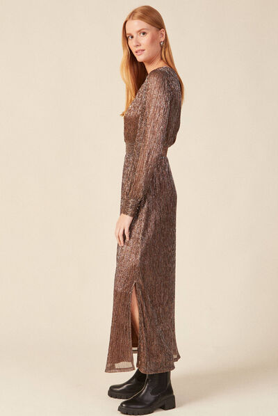 Robe longue évasée col en V marron cognac femme
