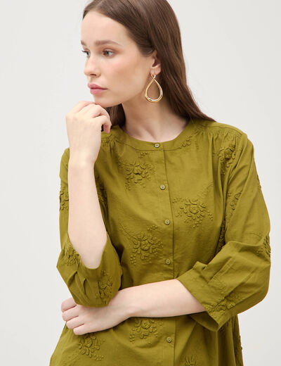 Chemise en coton manches 3/4 vert kaki femme