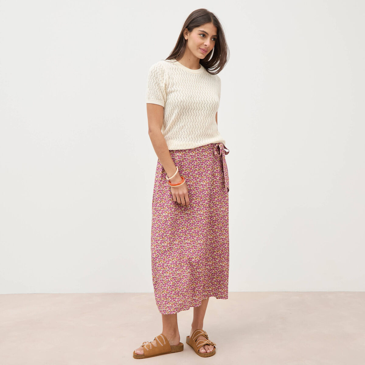 Pull col rond manches courtes creme femme