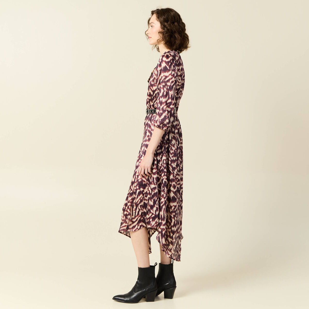 Robe longue évasée fluide marron femme
