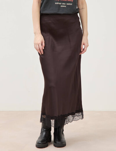 Jupe droite longue satin&eacute;e marron fonc&eacute; femme