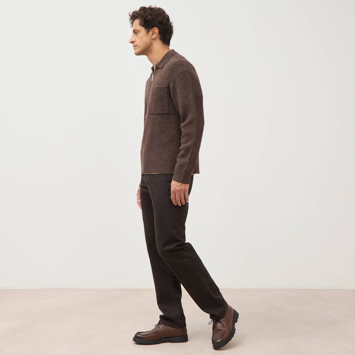 Pull droit manches longues marron fonc&eacute; homme