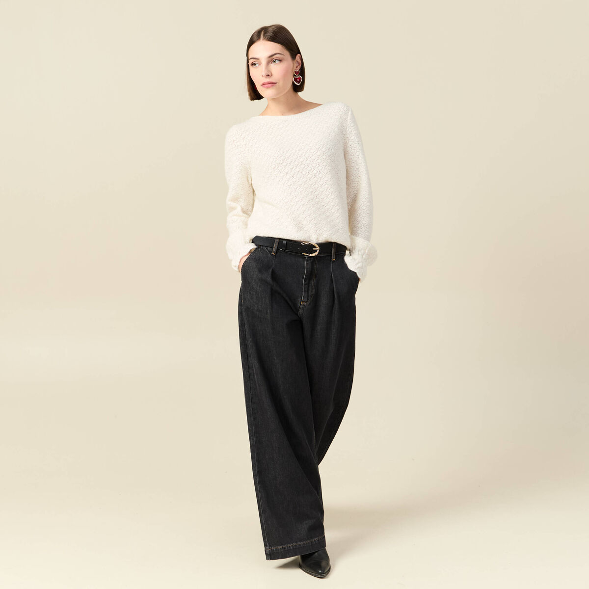 Pull ajour&eacute; col bateau manches longues ecru femme