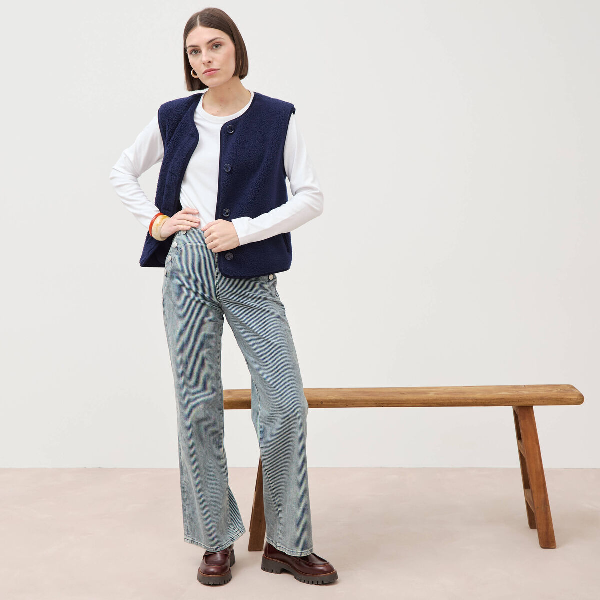 Pantalon large &agrave; pont taille haute denim used femme