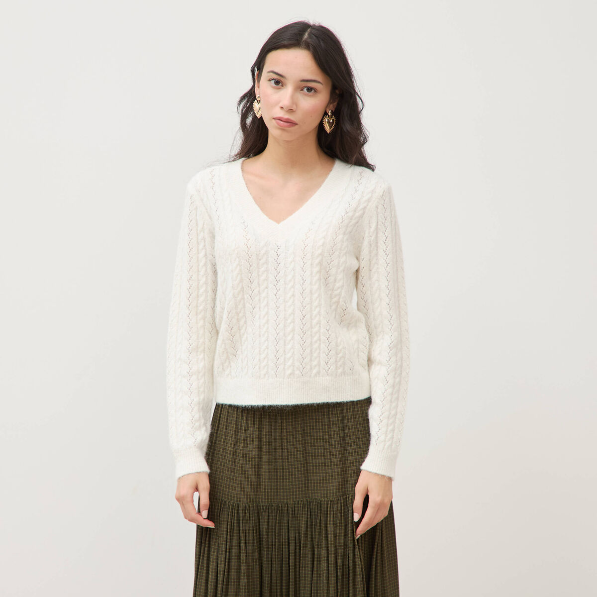 Pull droit col v manches longues ecru femme