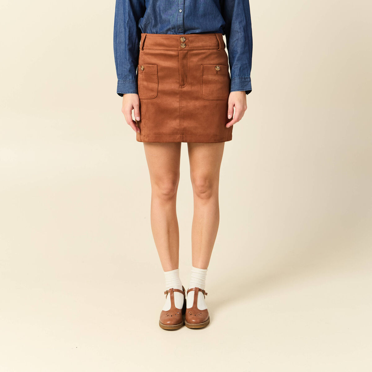 Mini-jupe droite doubl&eacute;e marron clair femme
