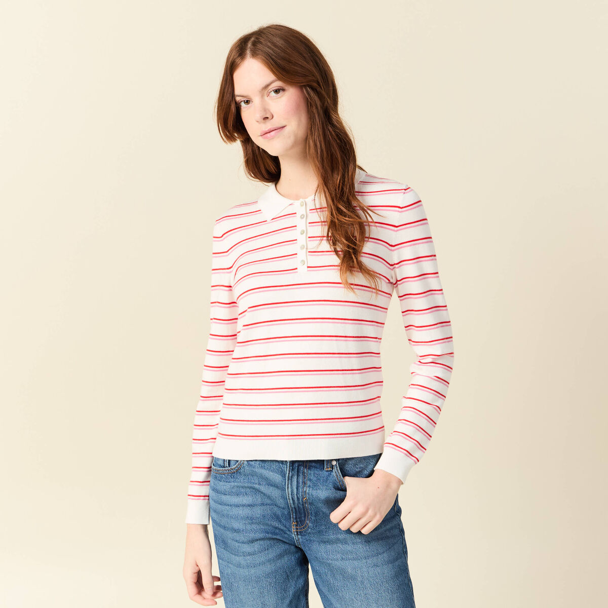 Polo ray&eacute; manches longues blanc femme