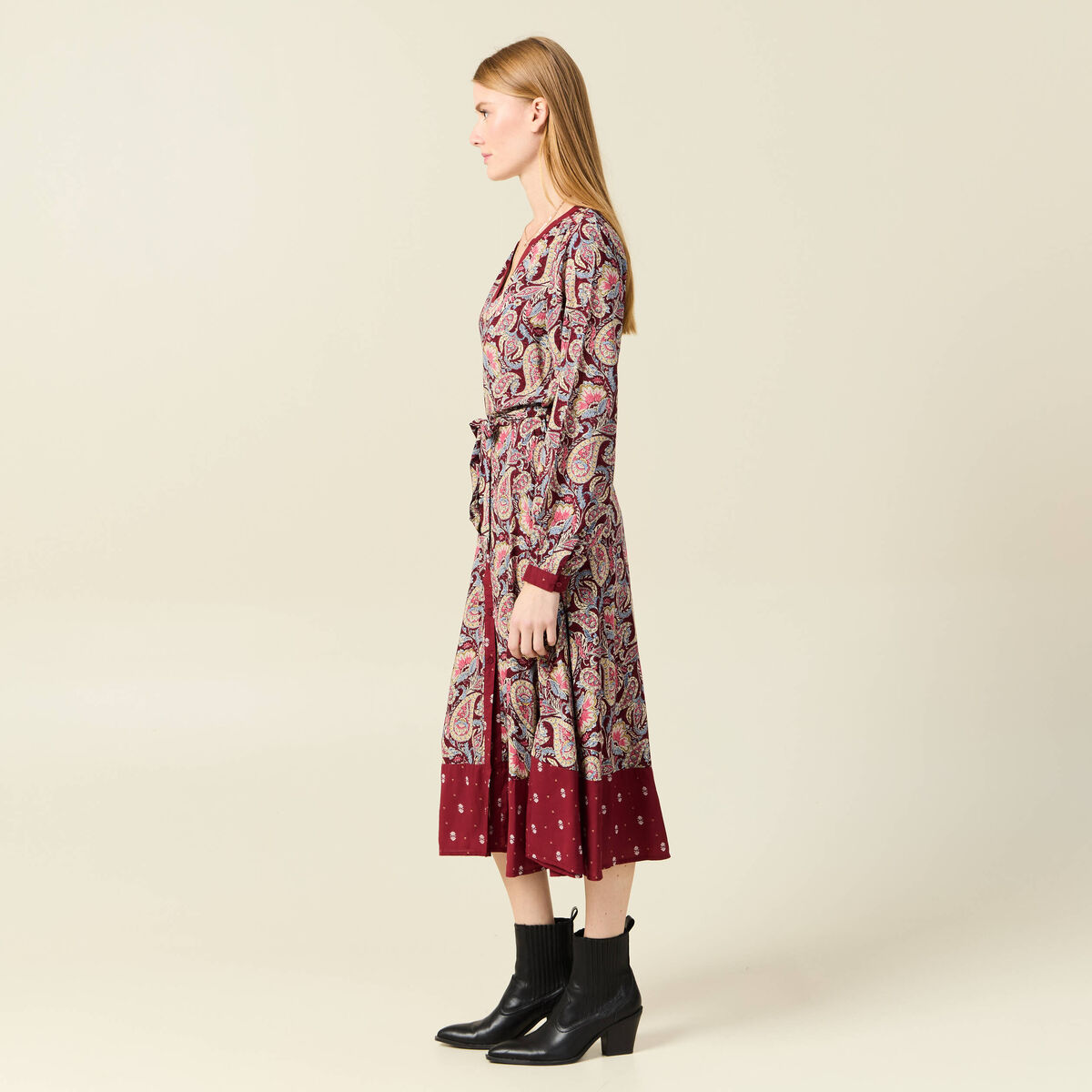 Robe midi chemise évasée rouge foncé femme