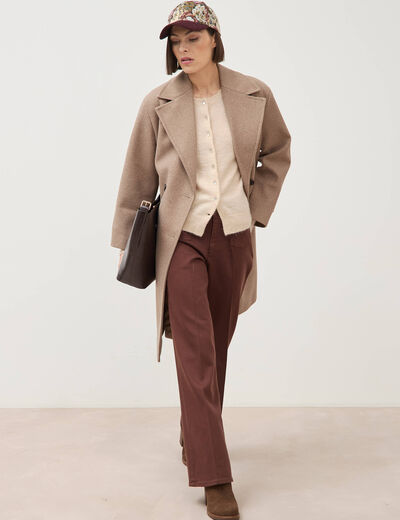 Gilet droit col rond manches longues creme femme