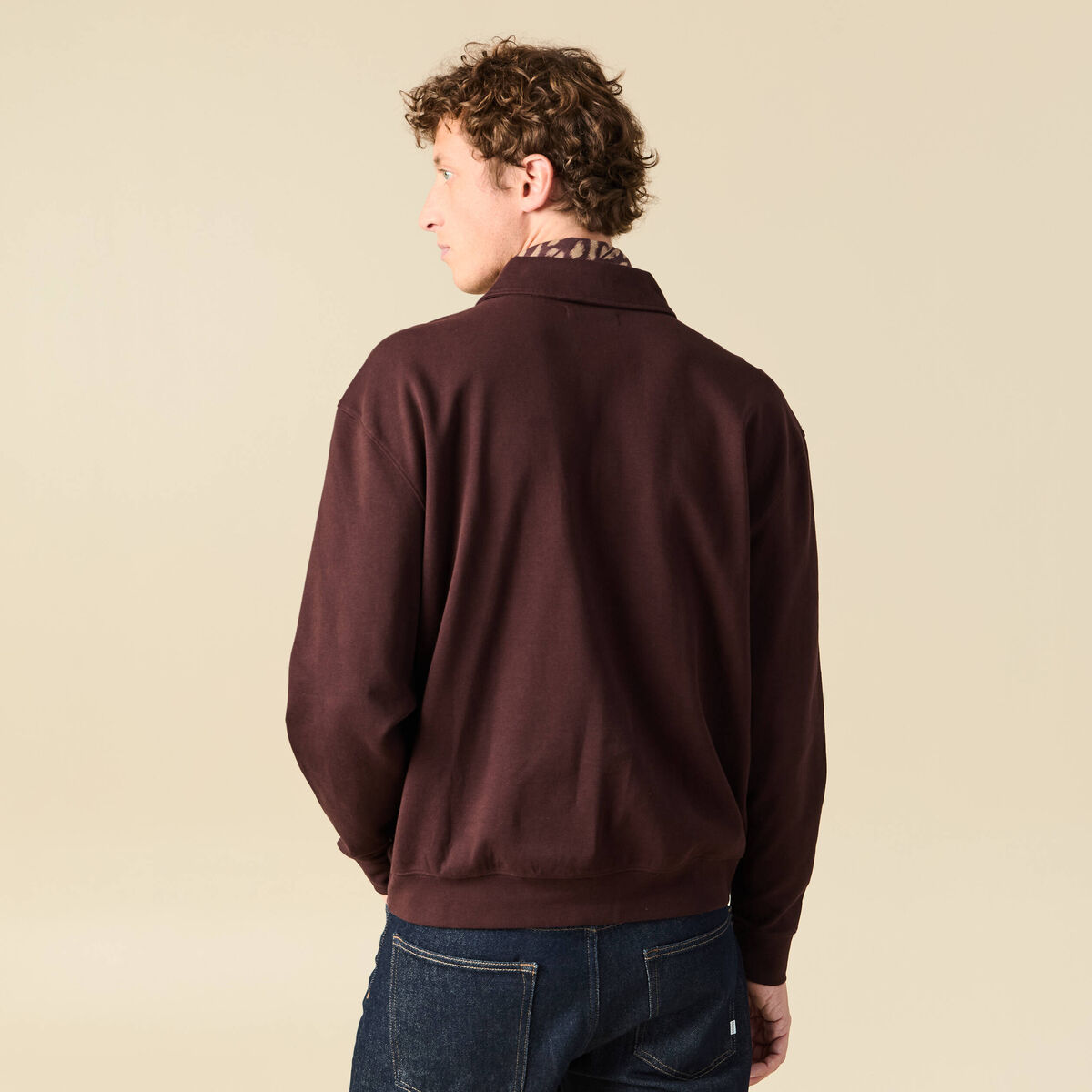 Polo ample manches longues col polo marron fonc&eacute; homme