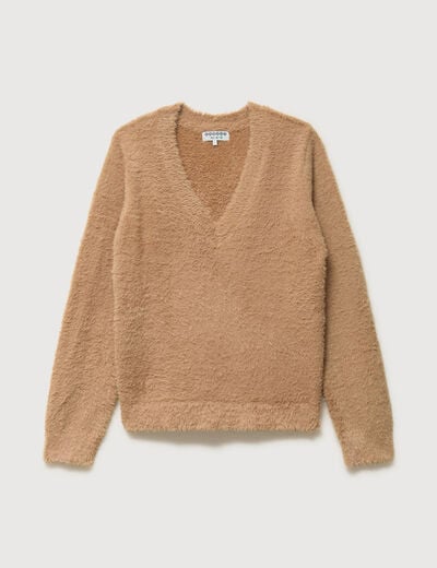 Pull droit col v manches longues camel femme