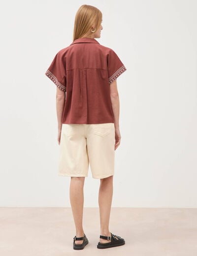 Chemise ample manches courtes marron cognac femme