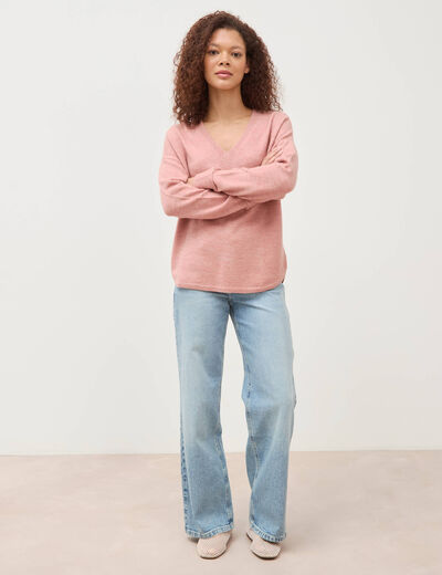 Pull manches longues col en V rose clair femme