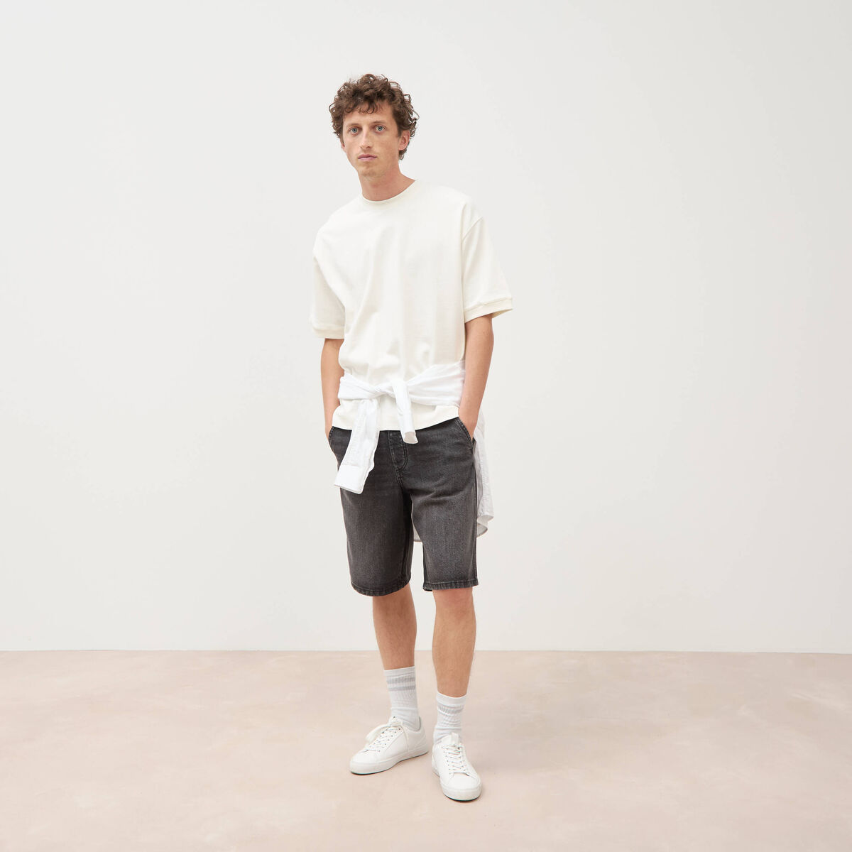 Sweat ample col rond manches courtes ecru homme