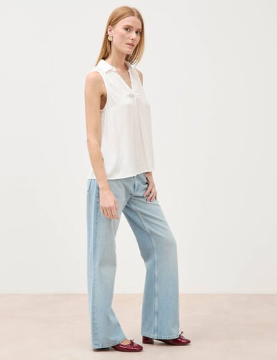 Top sans manches col tailleur ecru femme