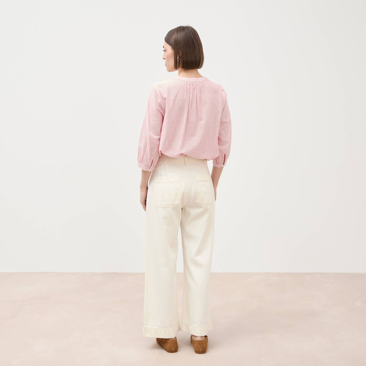Jeans loose cropped taille standard ecru femme