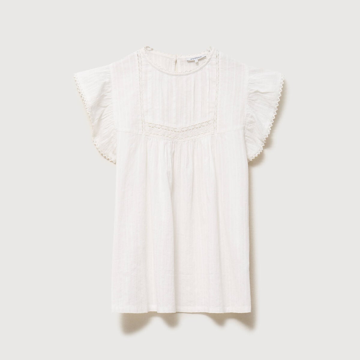 Top col rond manches courtes en coton ecru femme