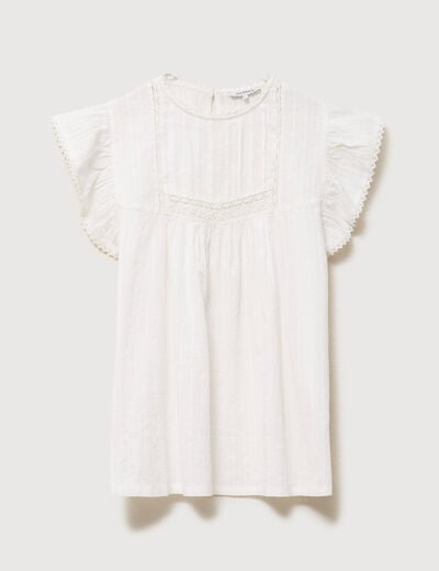 Top col rond manches courtes en coton ecru femme