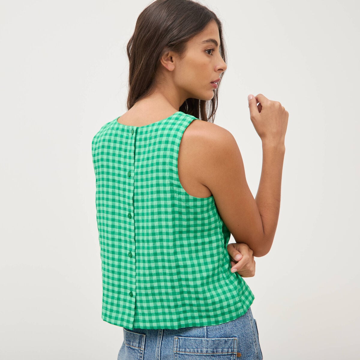 Blouse vichy droite cropped sans manches vert femme