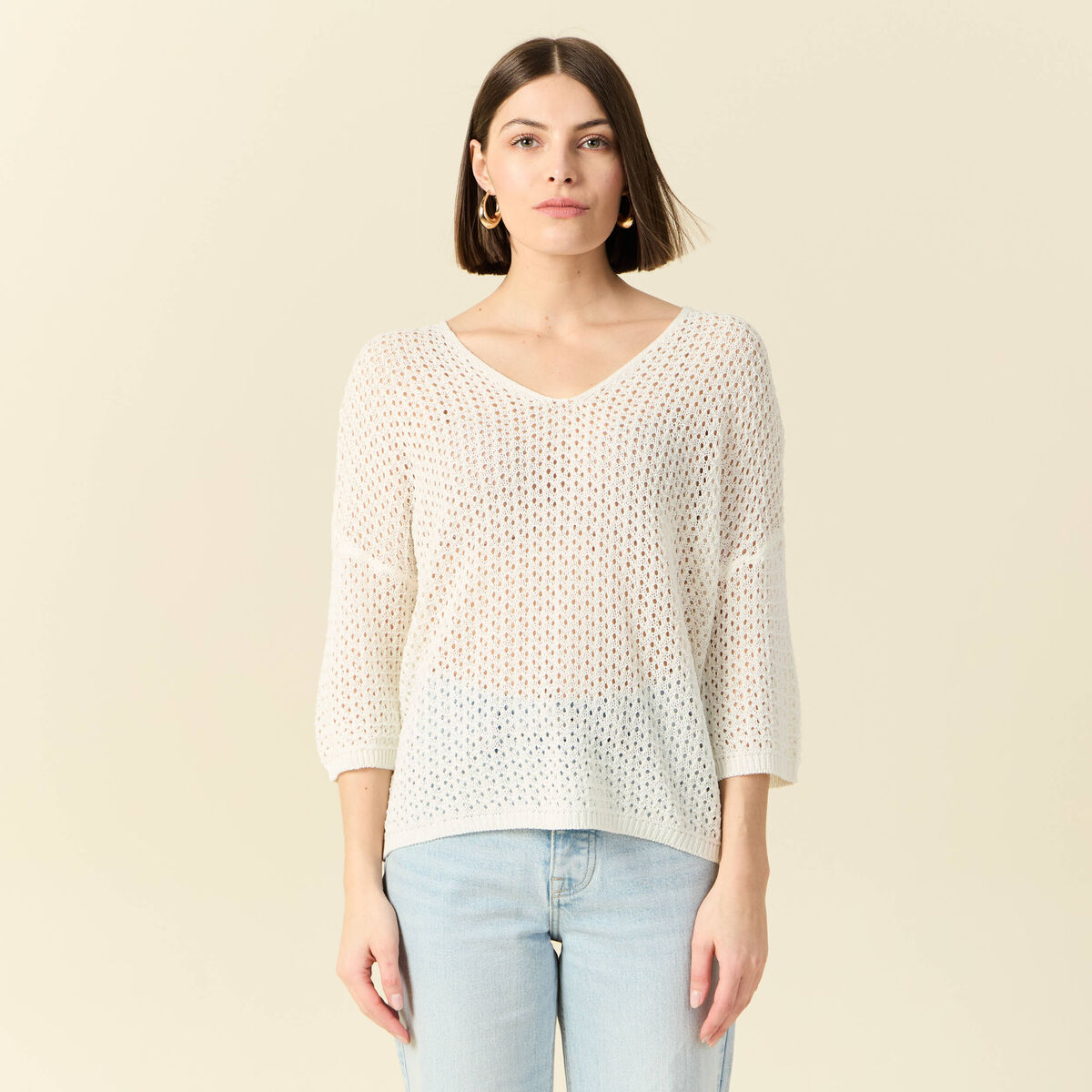 Pull col en V éco-responsable ecru femme