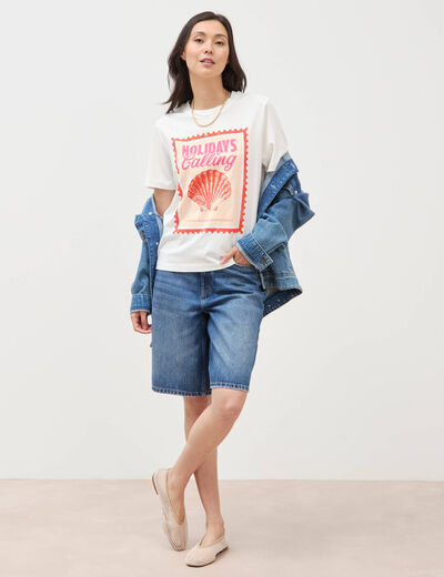 T-shirt droit en coton manches courtes ecru femme