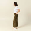 Pantalon large taille haute en velours vert kaki femme