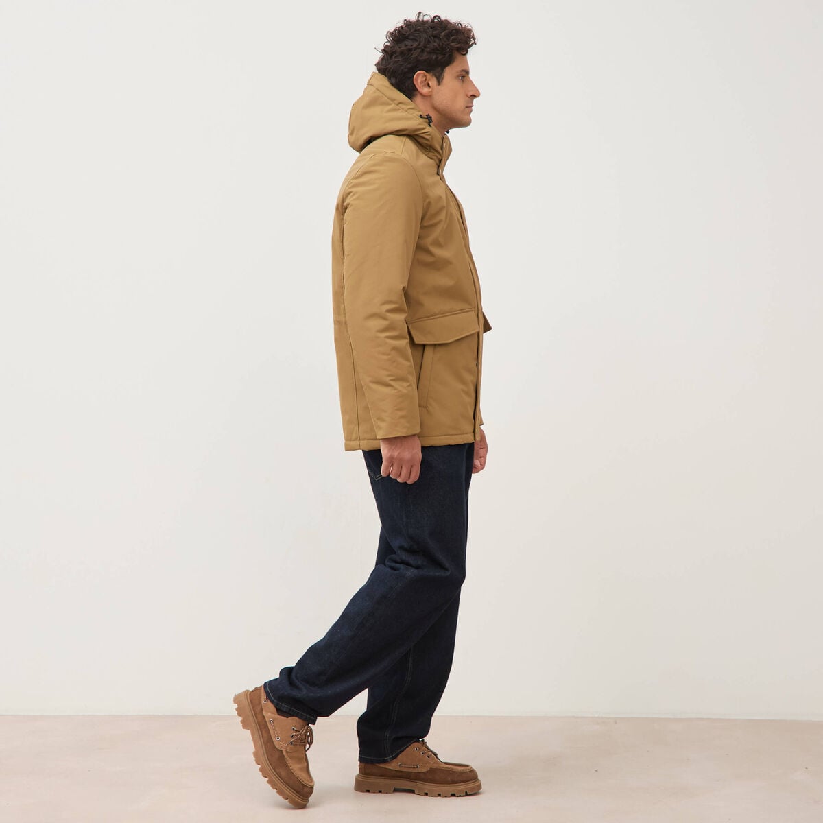 Parka longue droite &agrave; capuche vert kaki homme