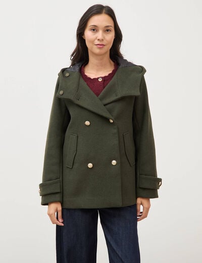 Caban oversize court &agrave; capuche vert olive femme