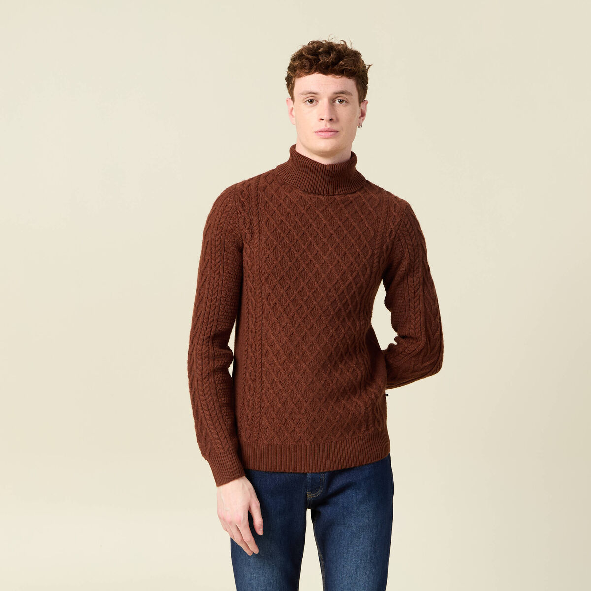 Pull manches longues marron cognac homme