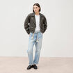 Jeans boyfriend ceintur&eacute; denim bleach femme