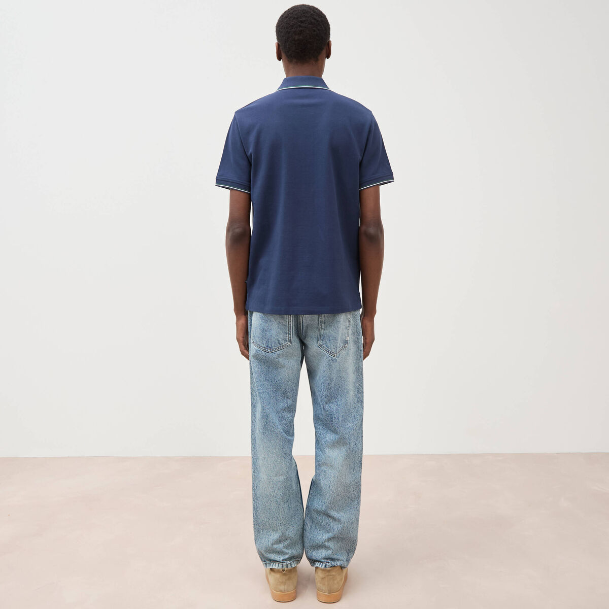 Polo cintr&eacute; en coton manches courtes bleu marine homme