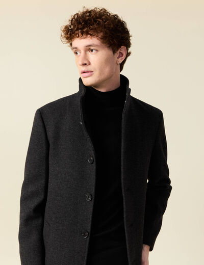 Manteau droit long col montant noir homme